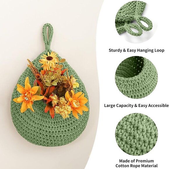 Boho Wall Hanging Fruit Baskets for Kitchen 3 Pack Woven Produce Holder with 6 P - Picture 3 of 7